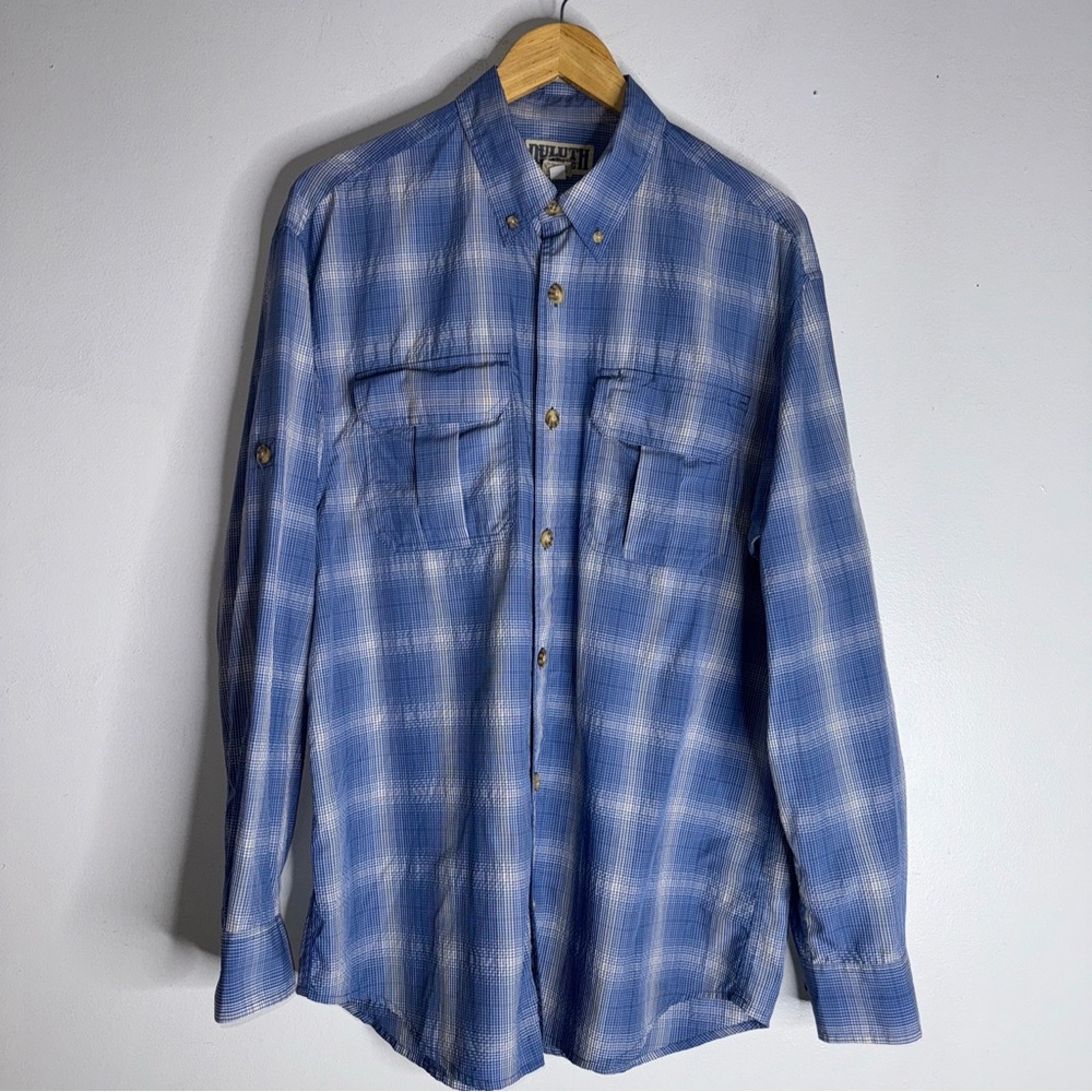 duluth trading Co Medium Blue White Plaid Button Down Collar‎ Nylon Blend CP